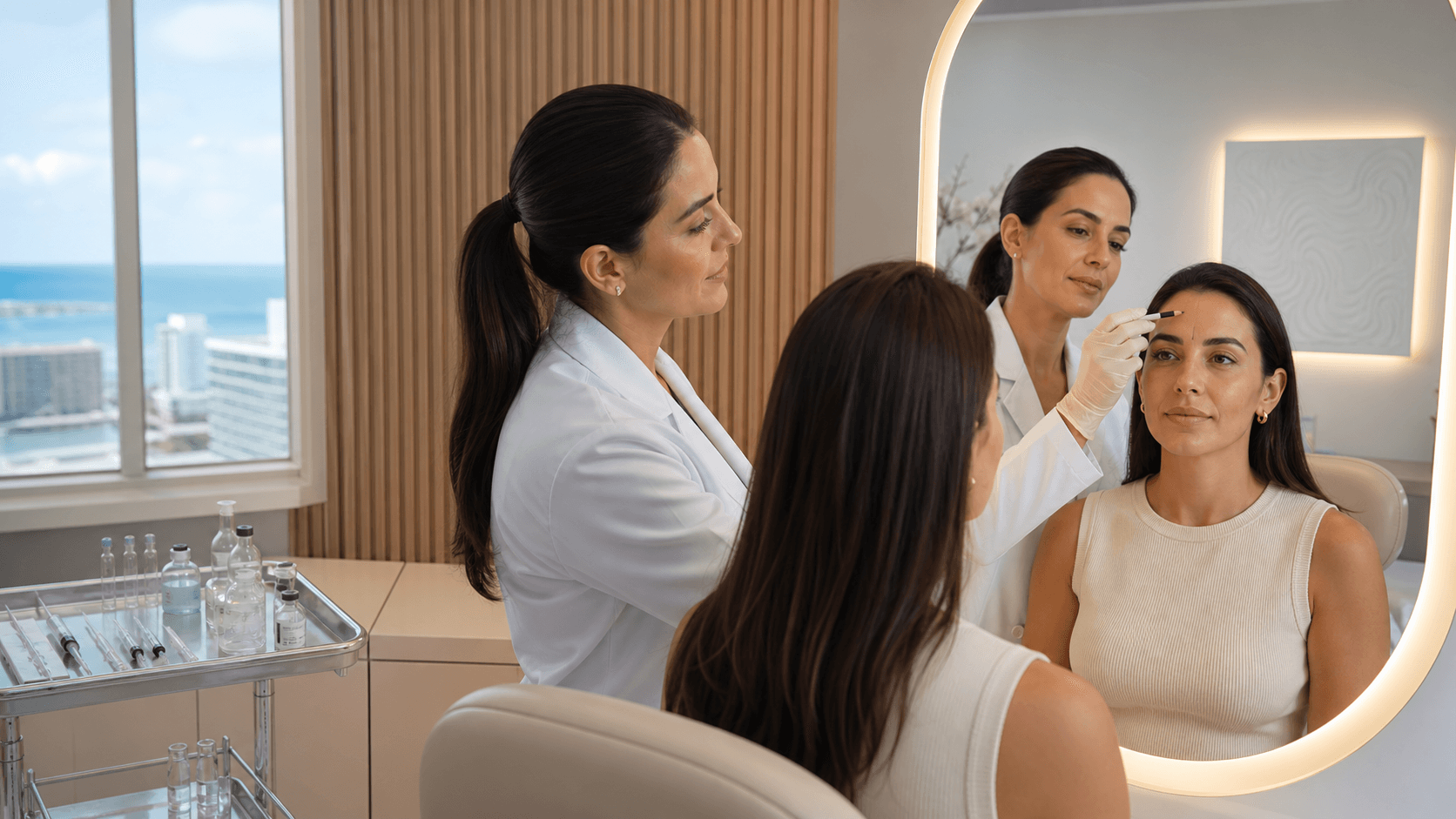 Mulher sorrindo em clínica clara, seringa de botox perto da testa, luz suave e fundo branco minimalista